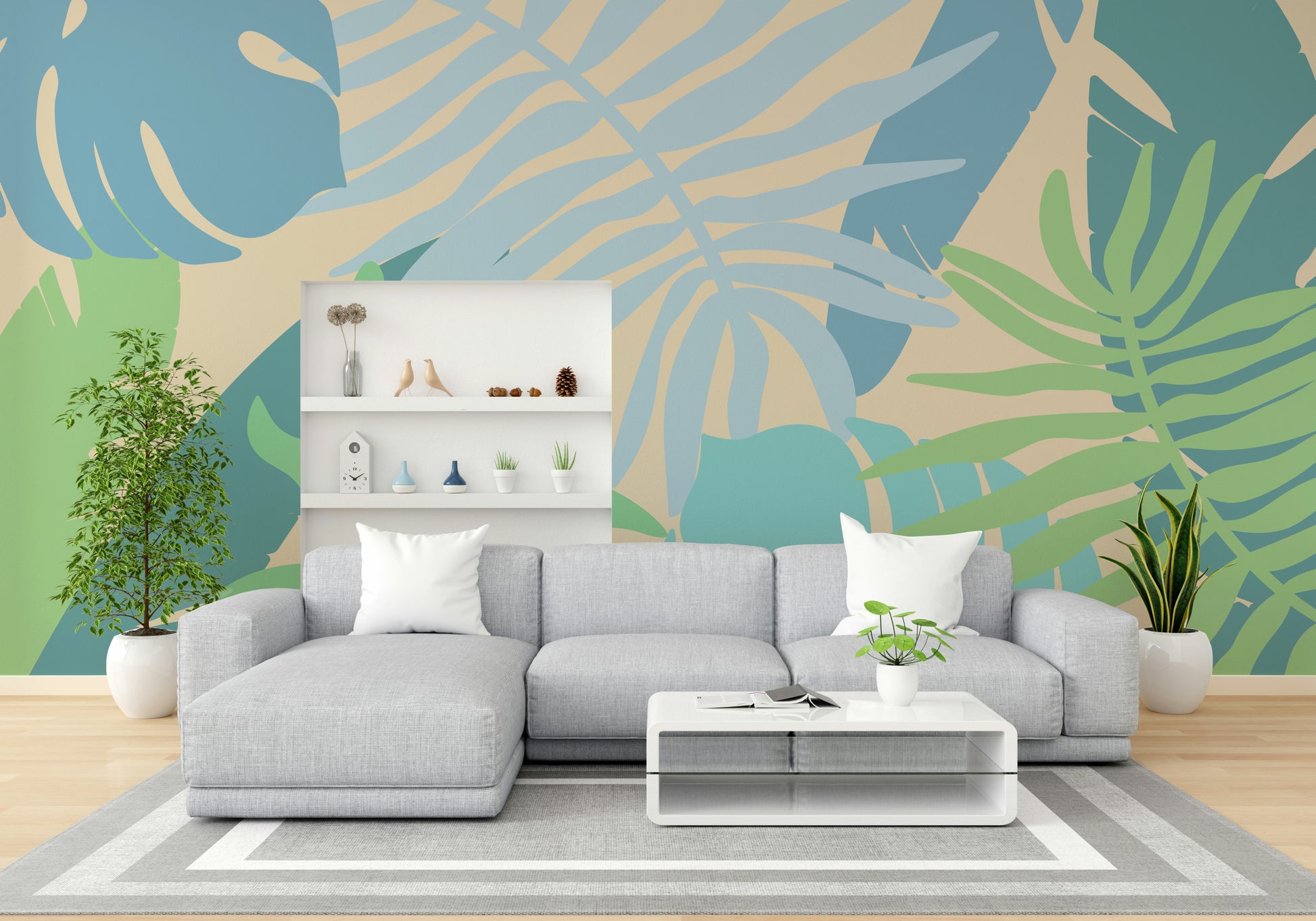 A beautiful modern art wall mural of plant leaves.


