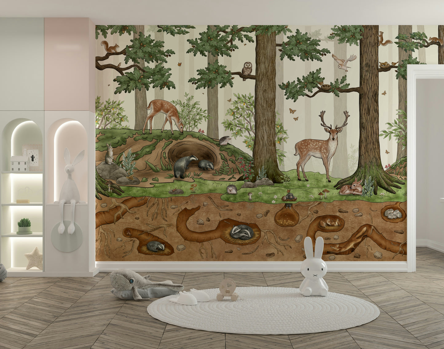 A beautiful forest friends wallpaper mural for a child's room.

