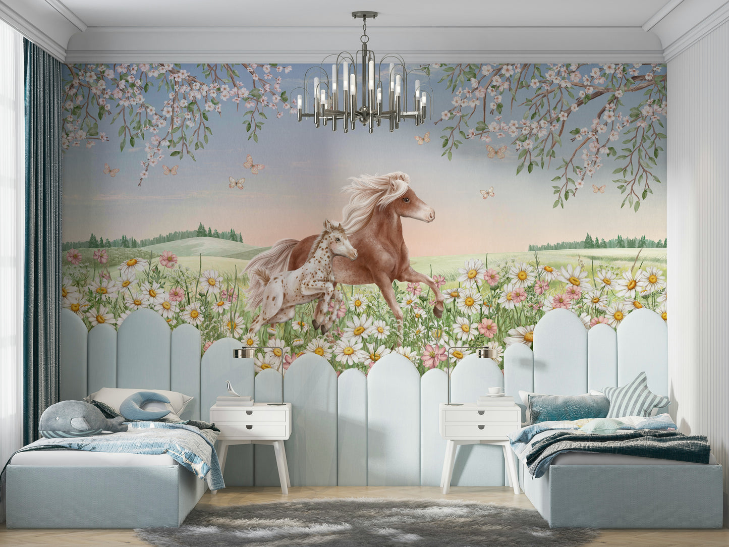 A peaceful animal theme mural on decorative wallpaper.

