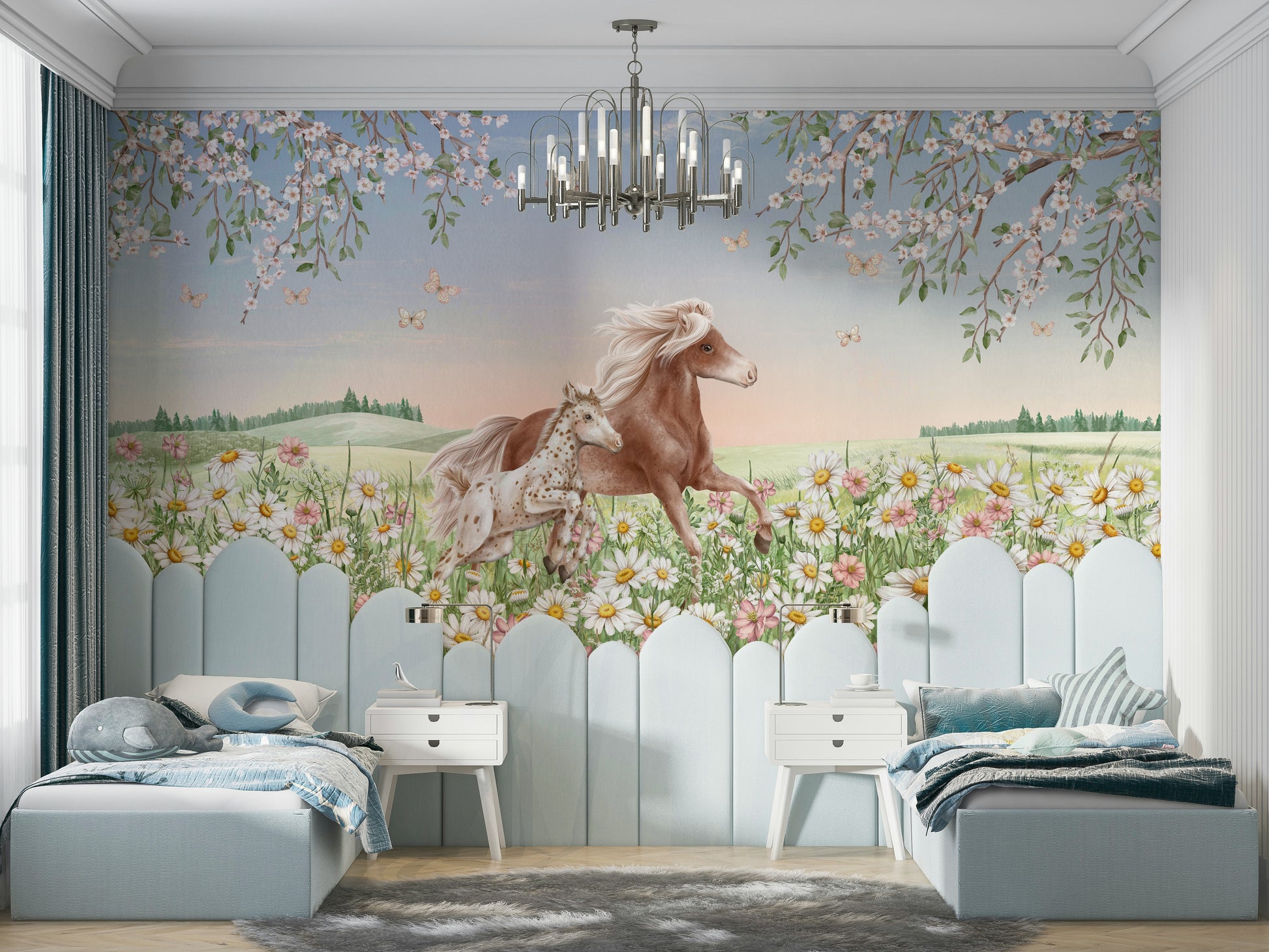 A peaceful animal theme mural on decorative wallpaper.

