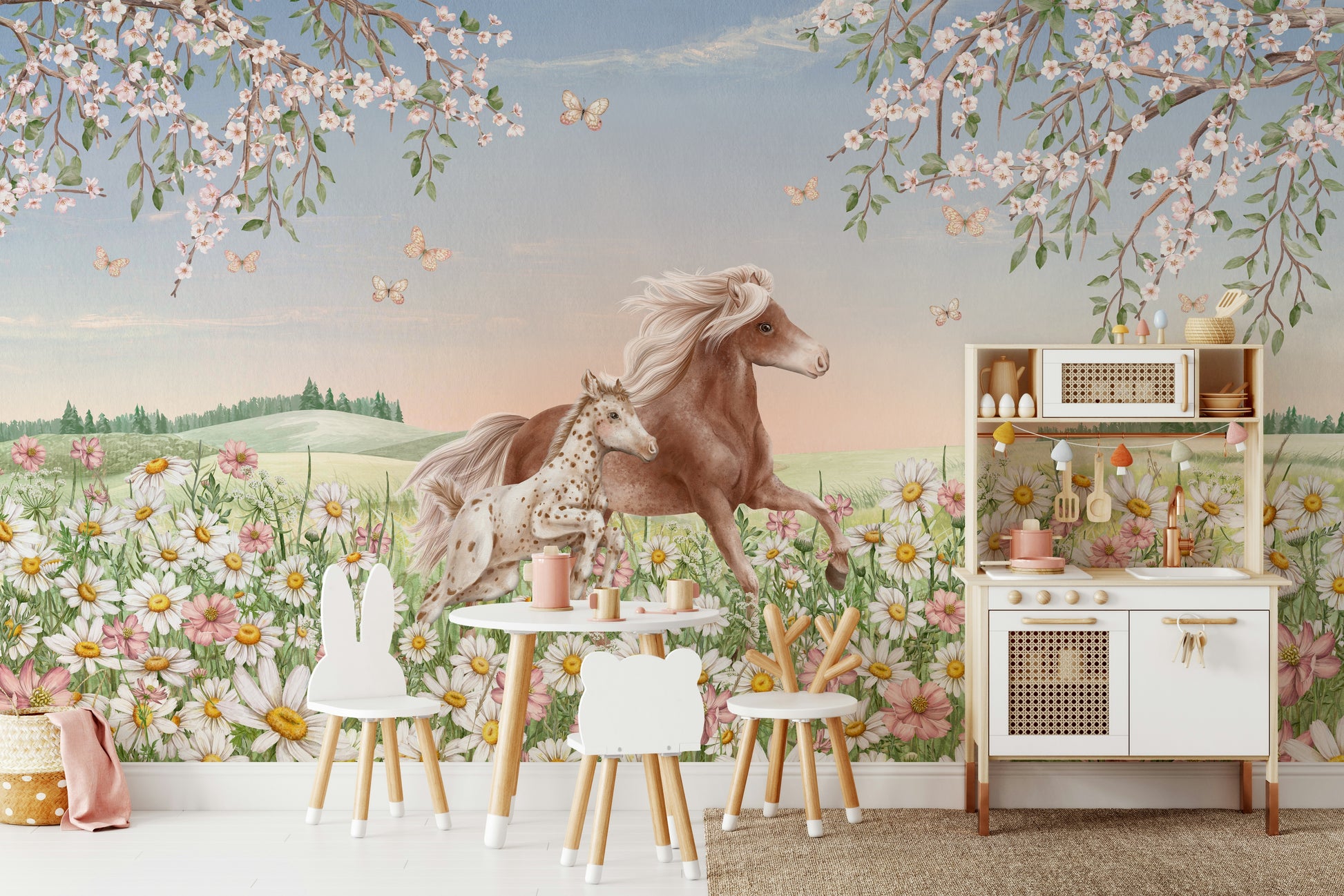 A contemplative flower horse wallpaper mural for a feature wall.

