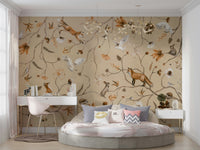 A peaceful forest landscape mural on decorative wallpaper.

