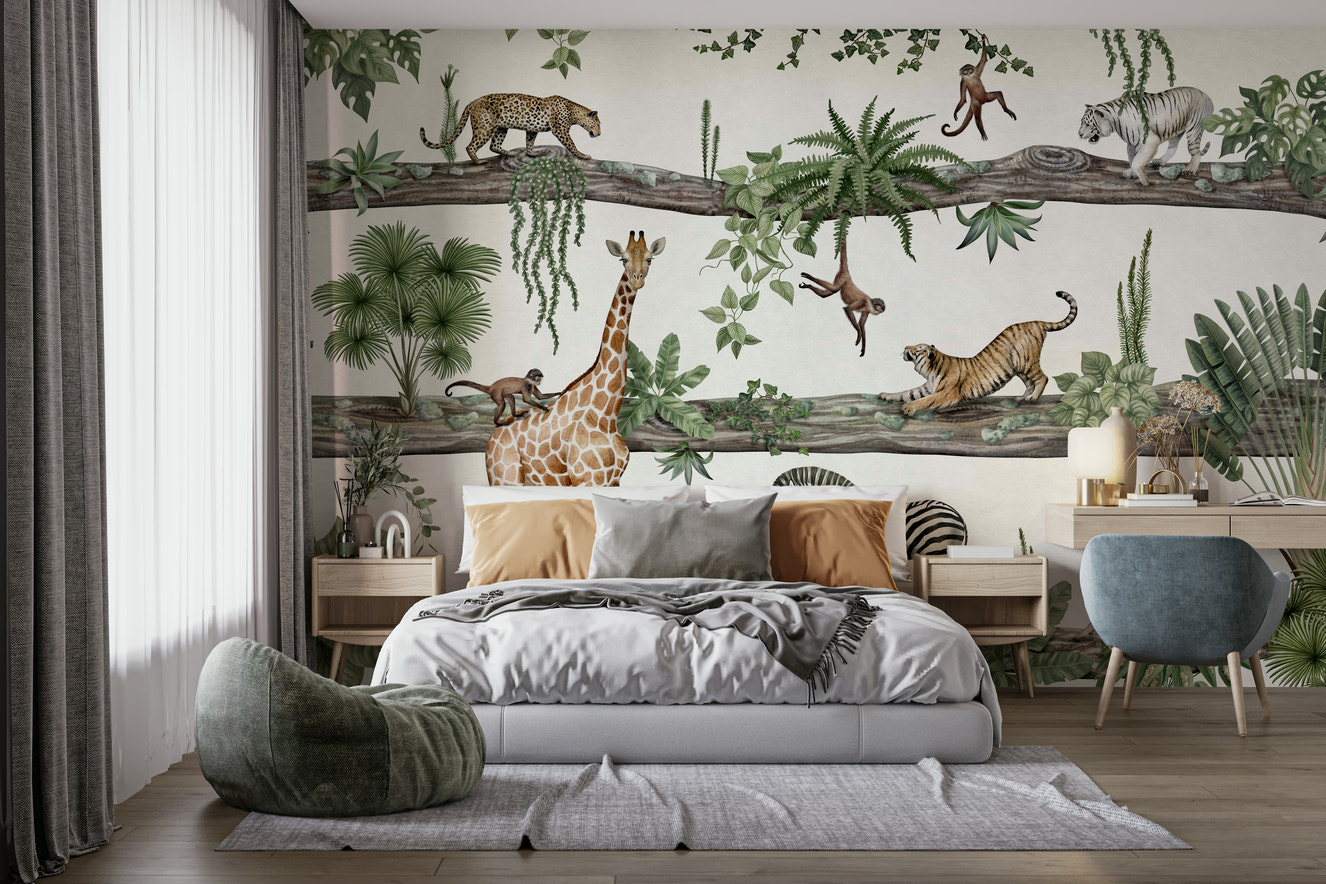 A beautiful enchanted jungle wallpaper mural for a modern home.

