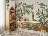 A peaceful tropical forest mural on decorative wallpaper.

