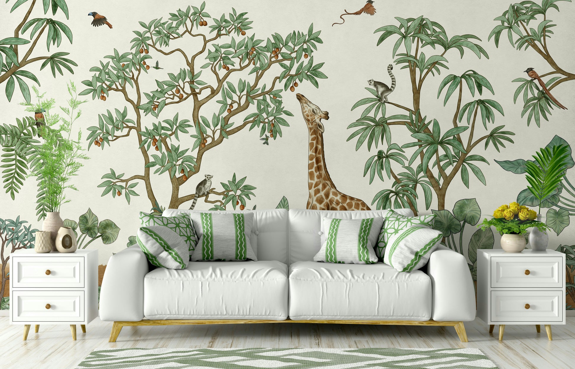 A beautiful tropical foliage wall mural for a living room.

