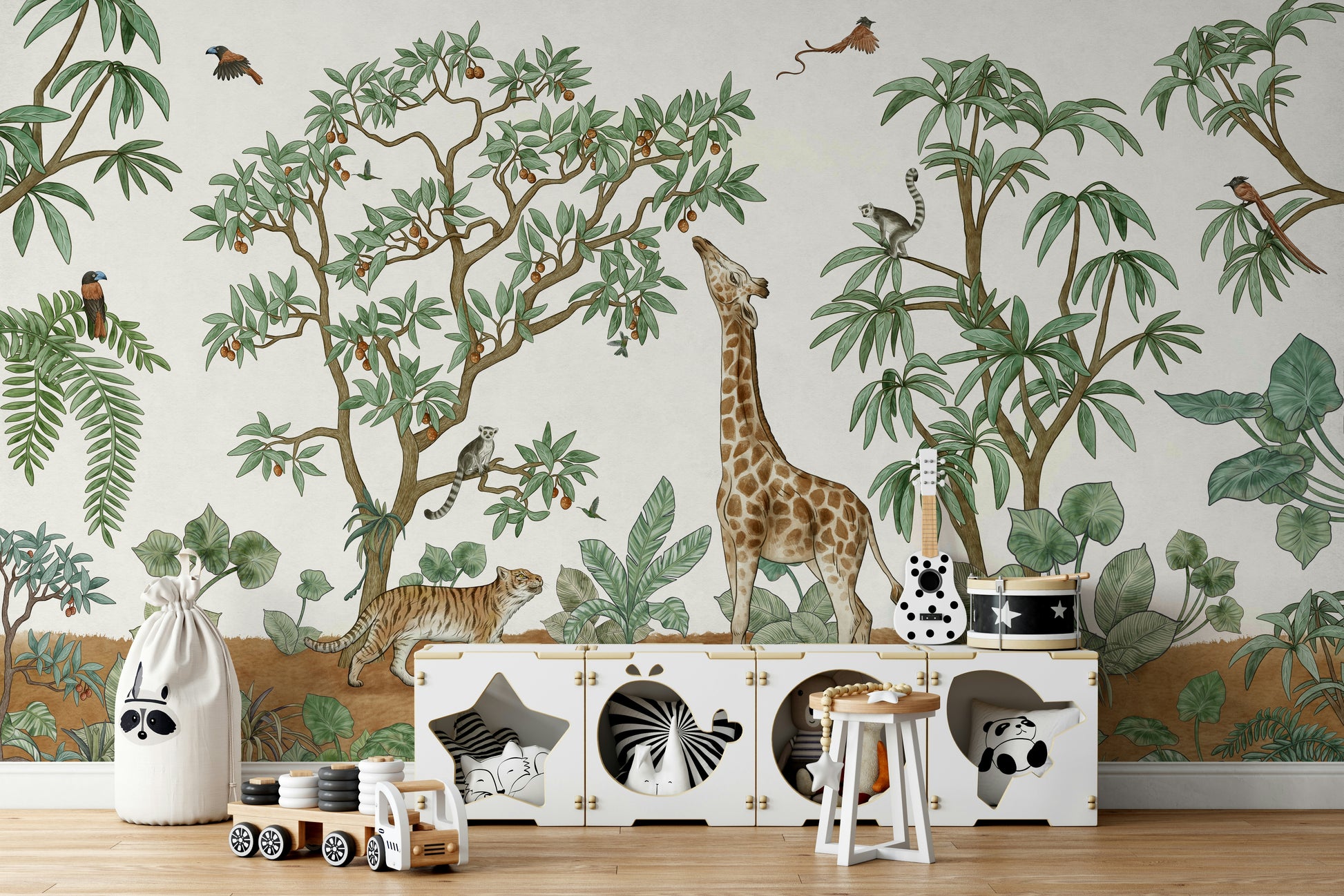 An artistic exotic bird mural on minimalist wallpaper.

