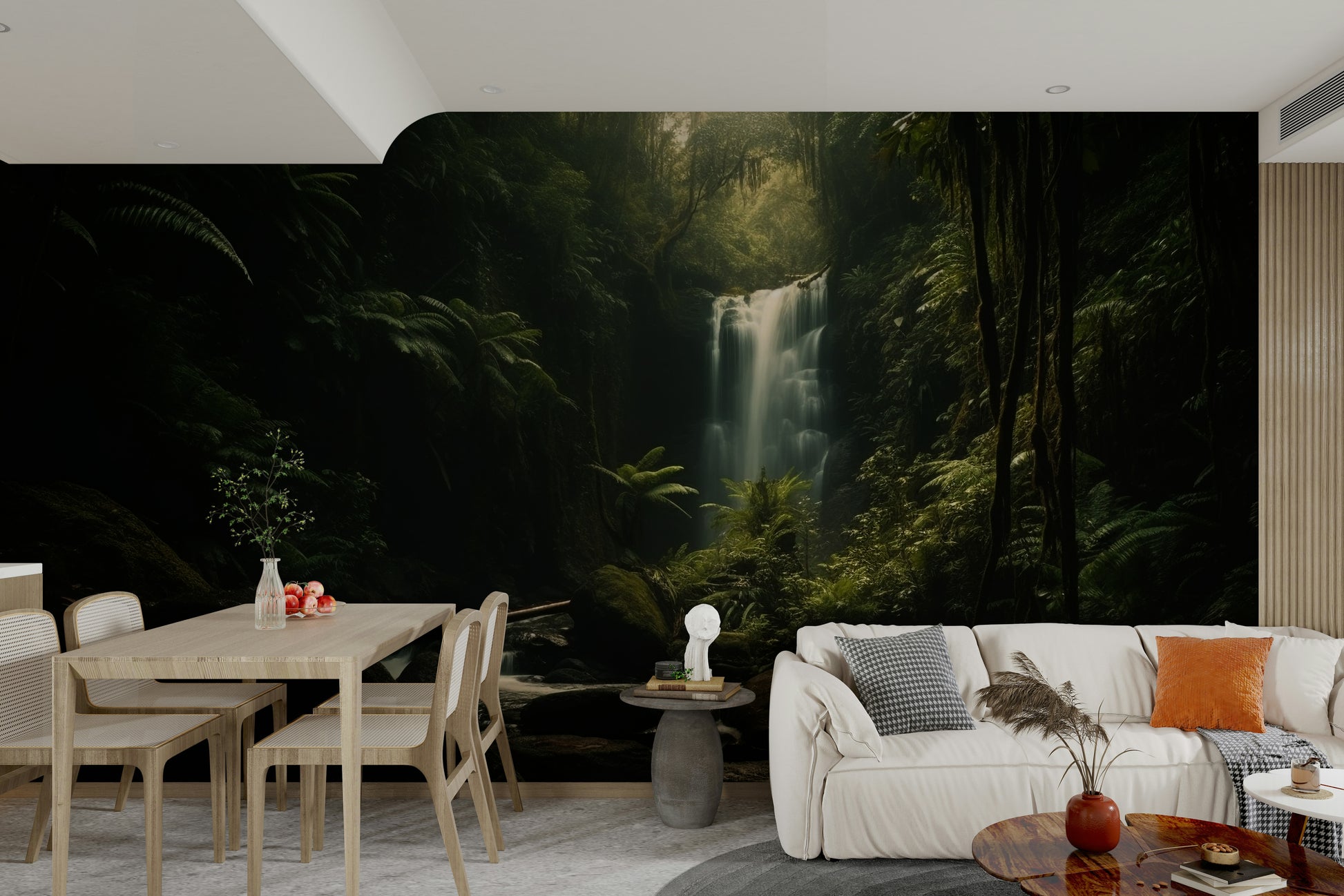 A graceful subtle water wall mural in rich, dark tones.

