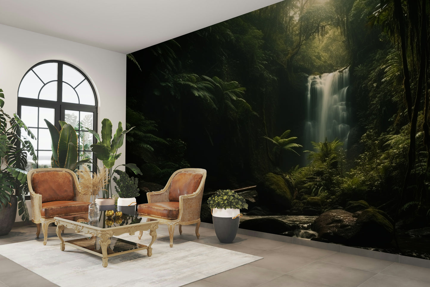 An artistic lush forest mural on scenic wallpaper.

