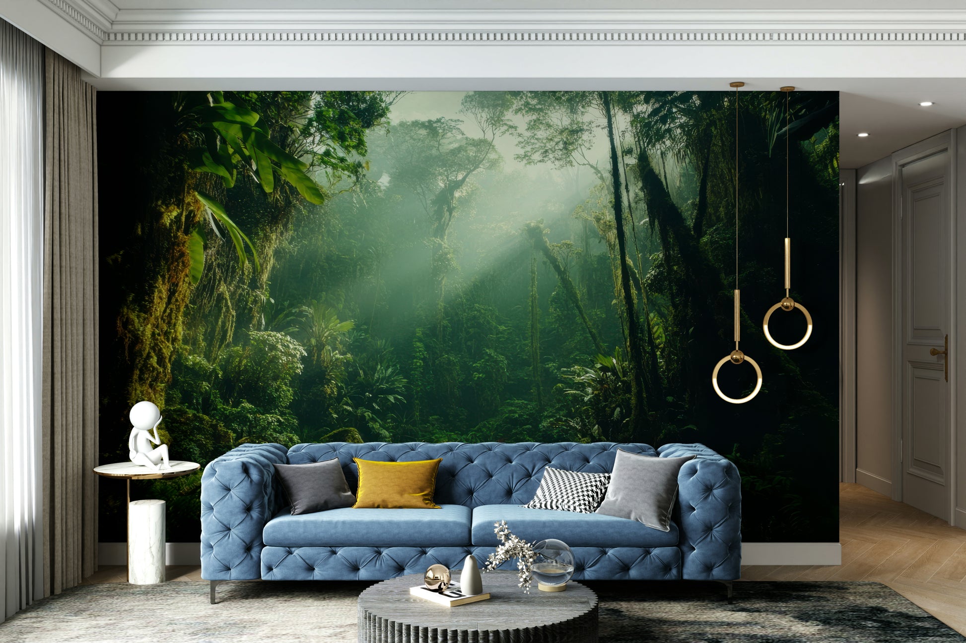A graceful subtle cloud wall mural in cool, green tones.

