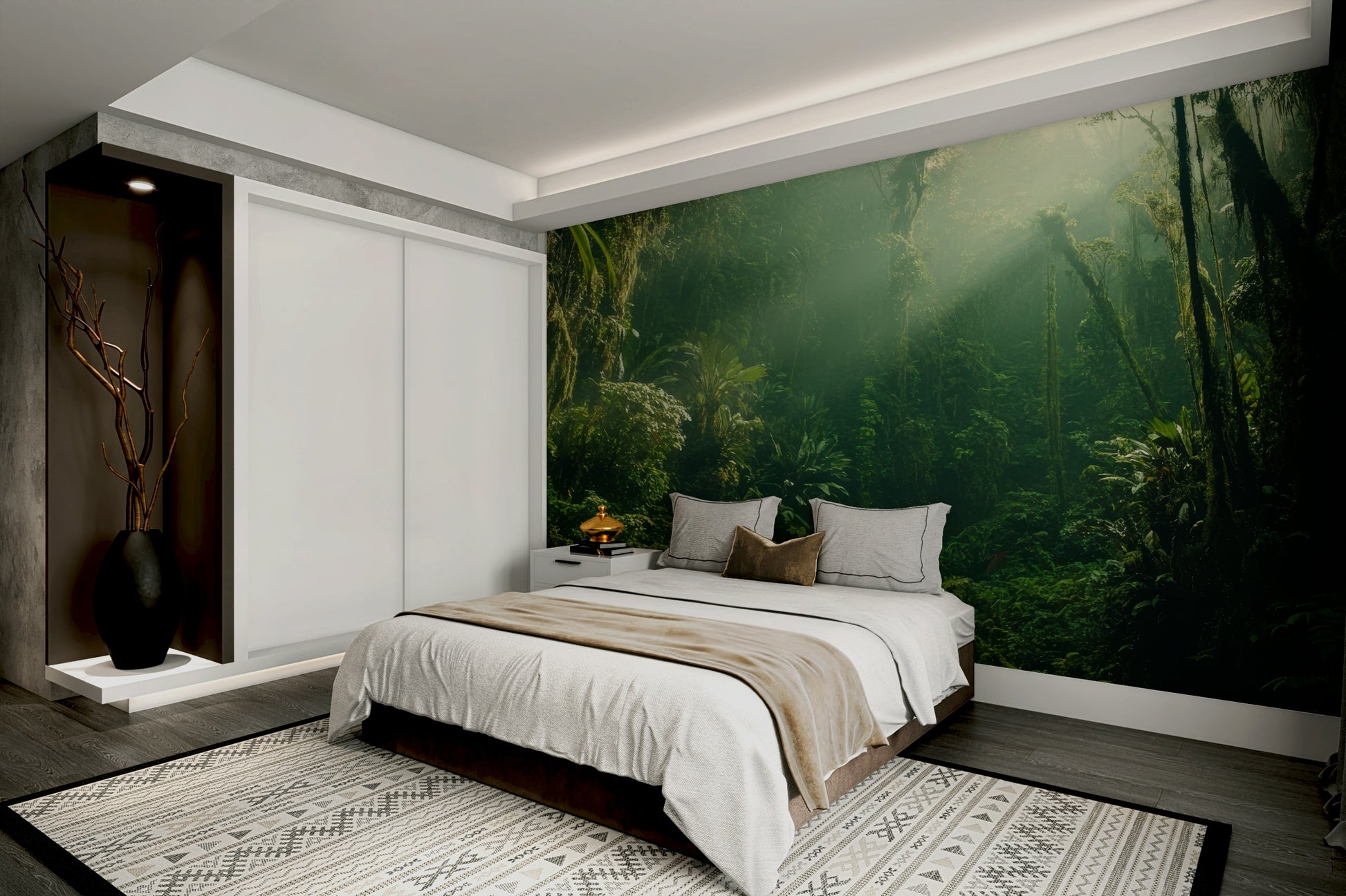 A calming serene mountain wallpaper mural that defines a space.

