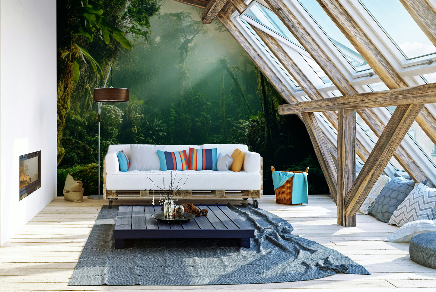 A beautiful tropical forest wall mural for a living room.

