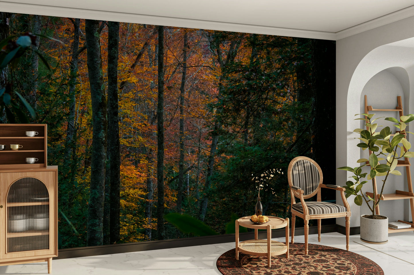 A beautiful serene forest wallpaper mural with tall trees.

