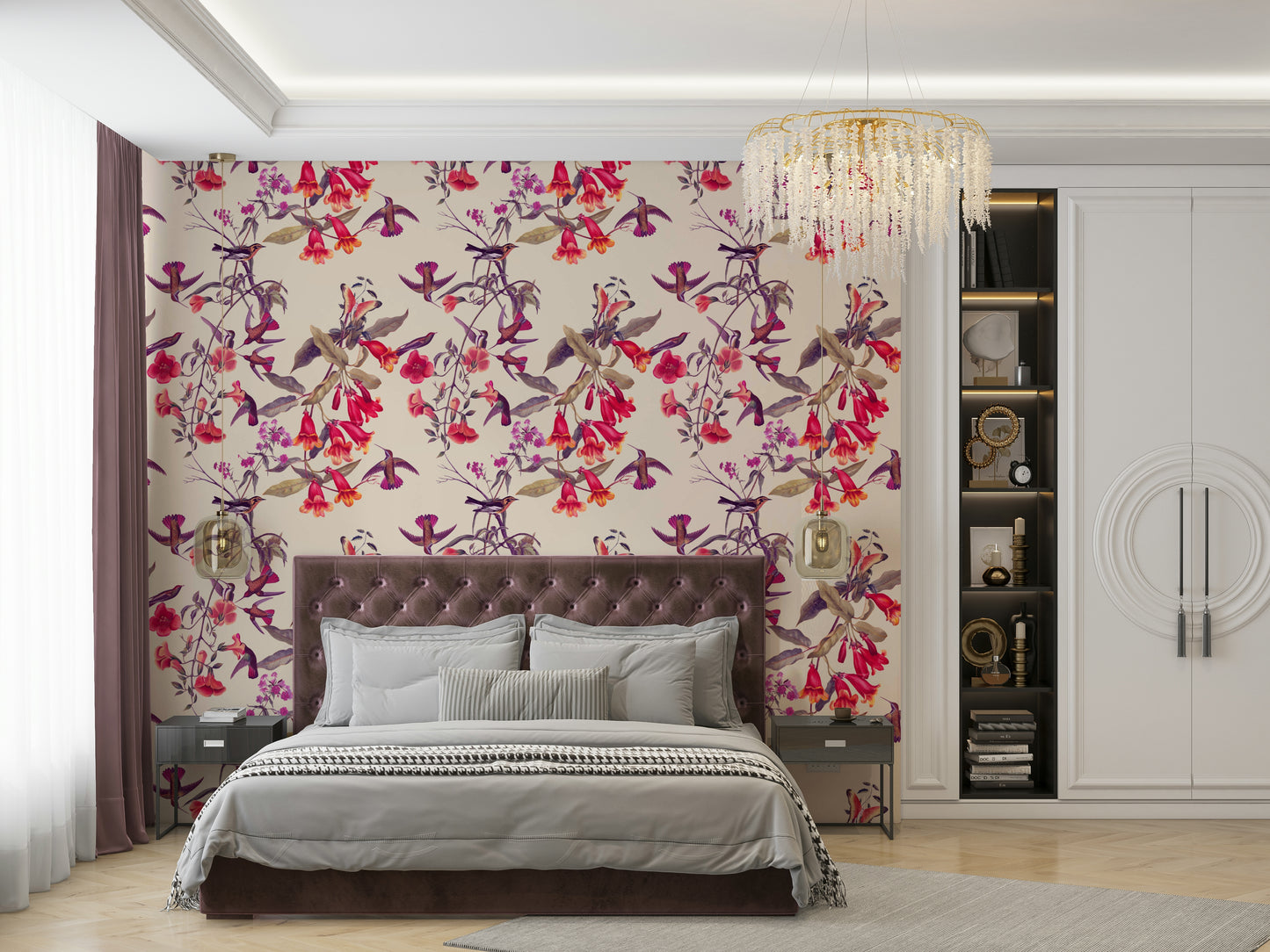 A beautiful hummingbird wallpaper mural with vibrant flowers.

