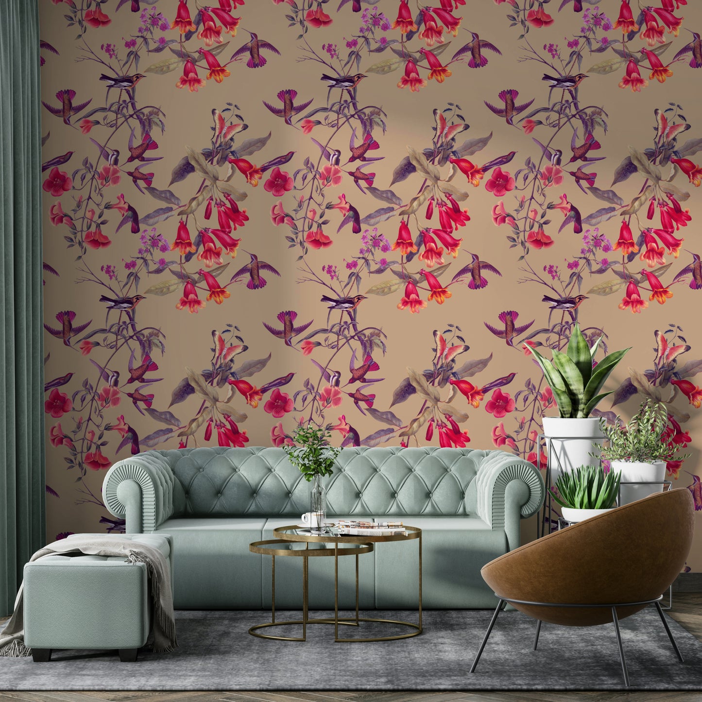 A calming floral design wallpaper mural that defines a space.

