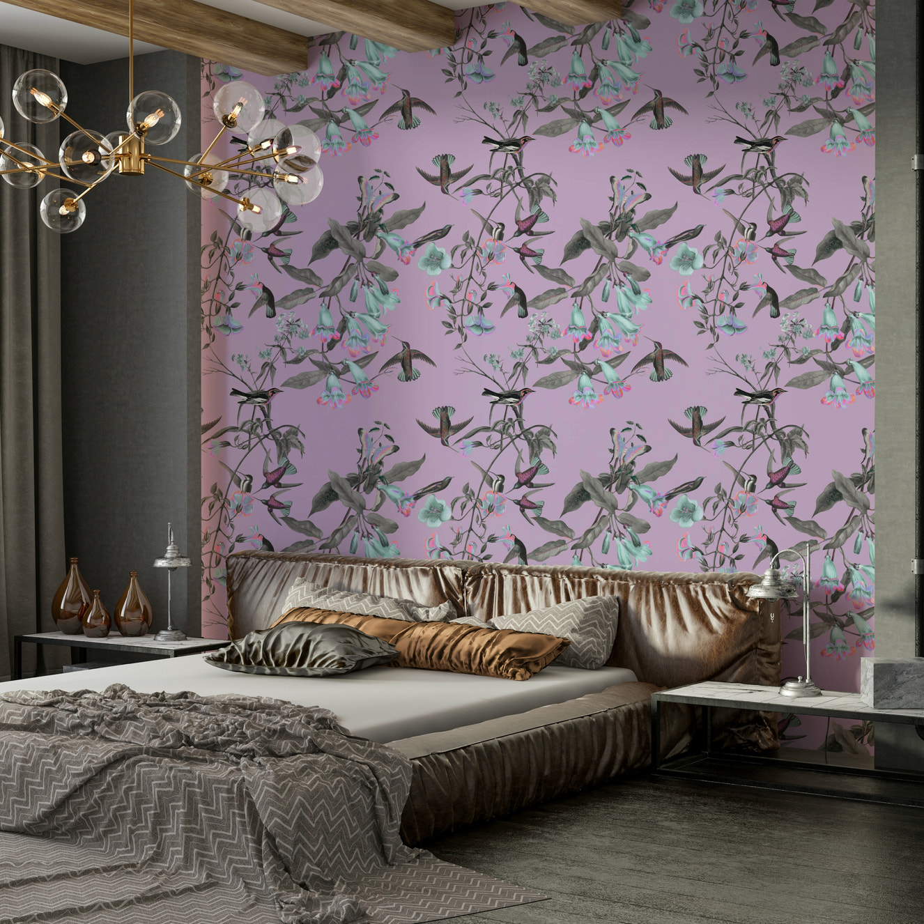 A beautiful fantasy floral wallpaper mural with exotic birds.

