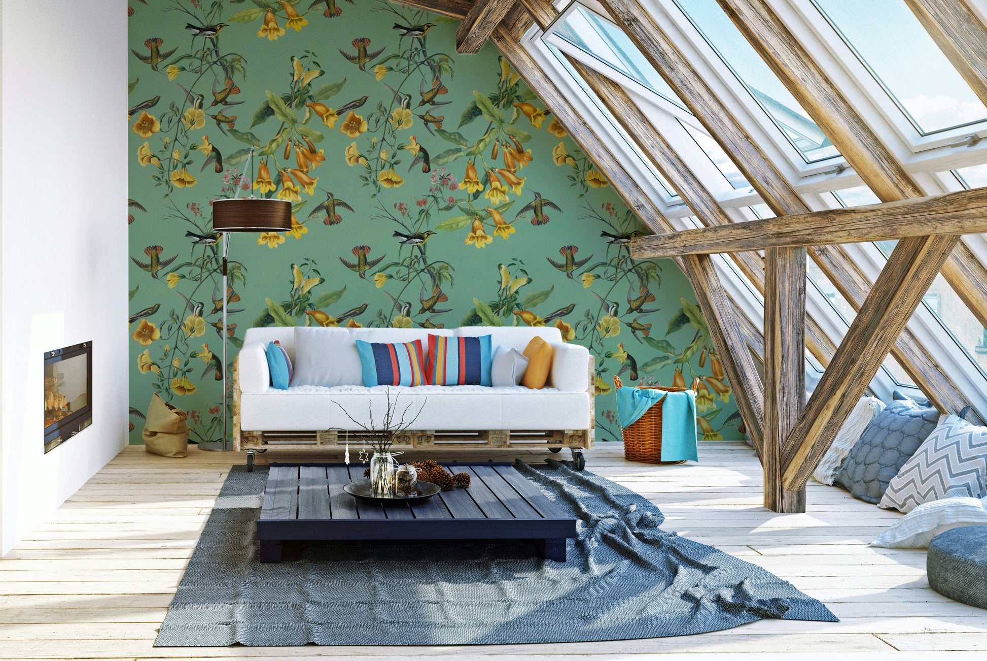 A classic floral wallpaper for walls with a bird theme.

