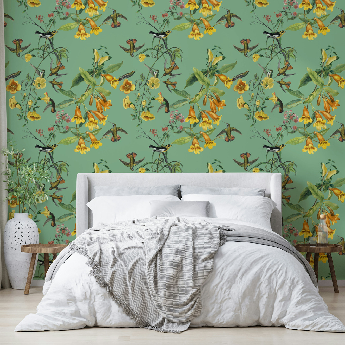 A beautiful botanical flight wallpaper mural with graceful birds.

