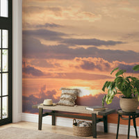 A beautiful golden hour wallpaper mural with a glowing sunset.

