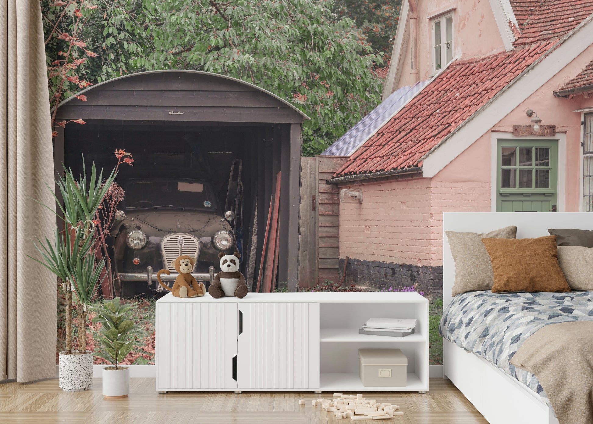 An artistic nostalgic car mural for home decor.

