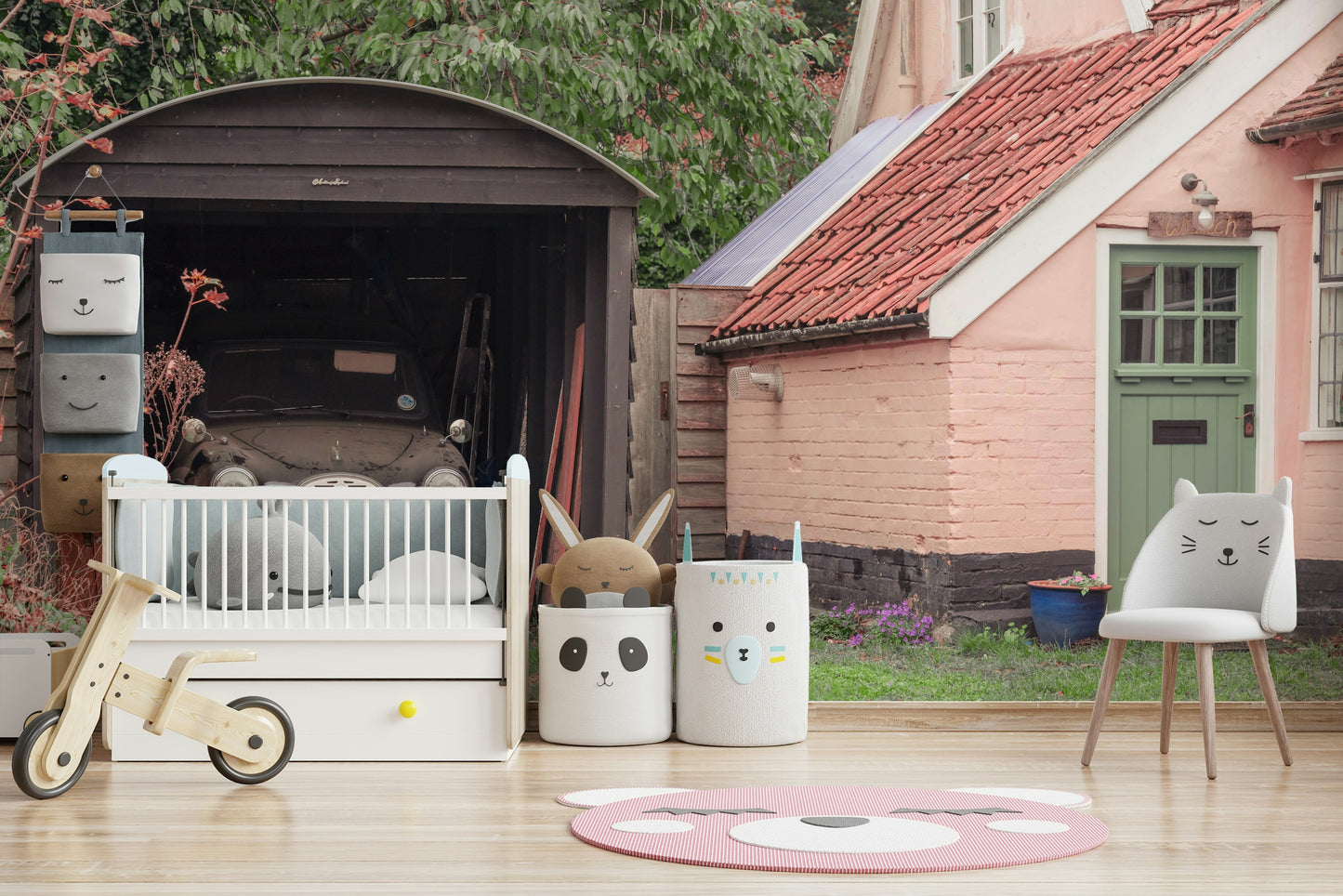 A graceful subtle architecture wall mural in warm, natural tones.

