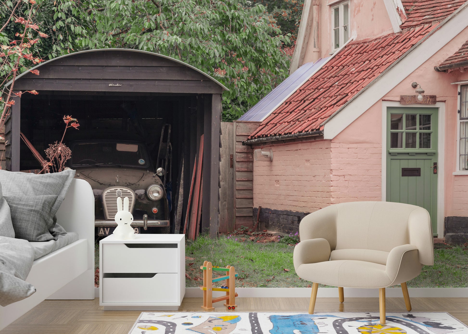 A serene old car wall mural for your decor.

