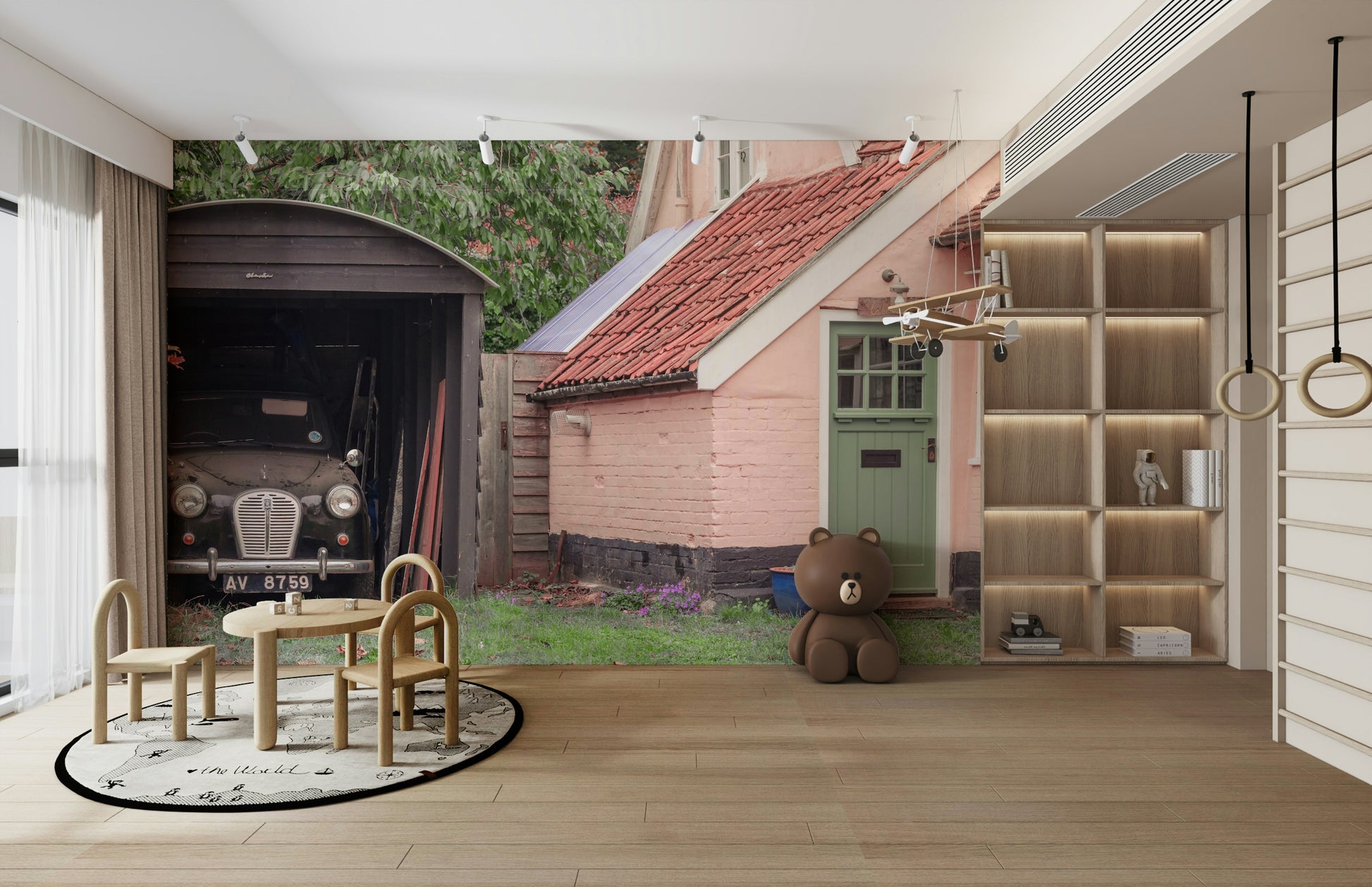 A beautiful retro car wall mural for a living room.

