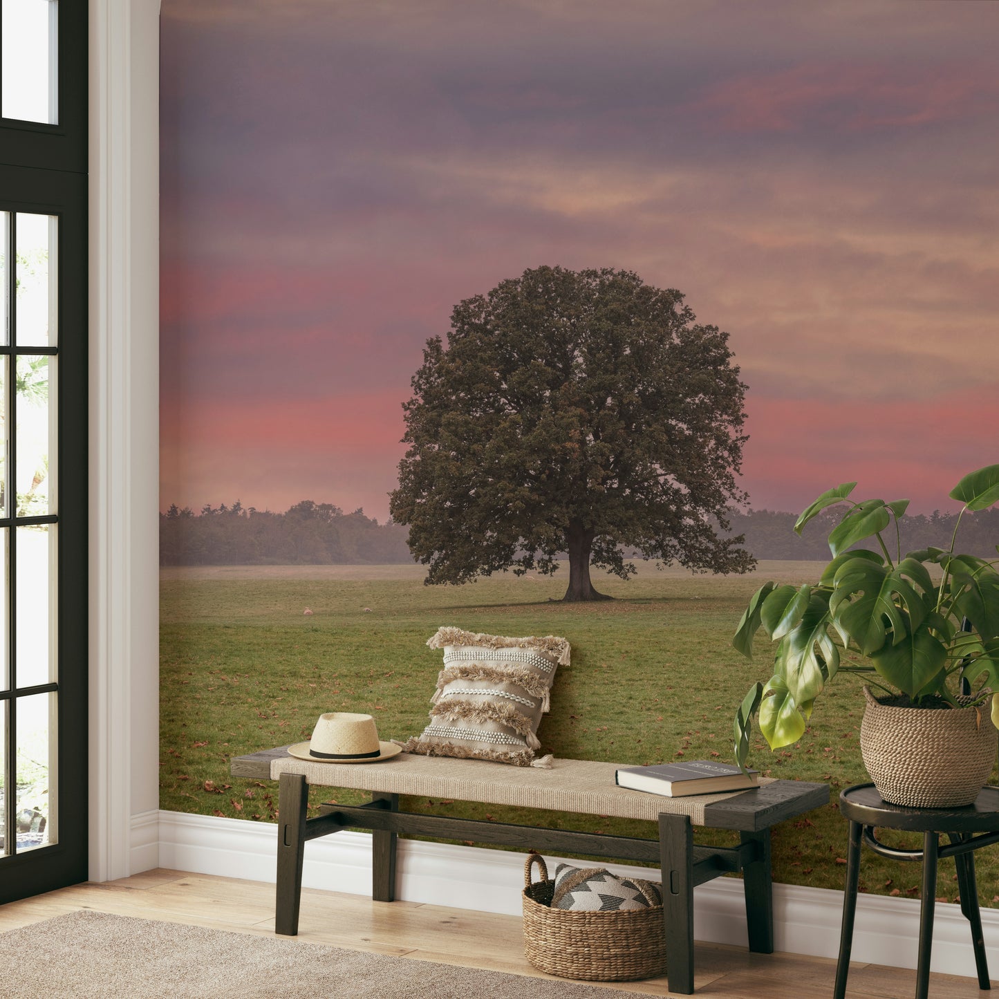 A beautiful serene field wallpaper mural under moonlight.


