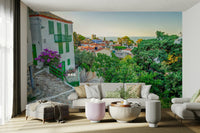 A beautiful Greek isle wallpaper mural with a stone pathway.

