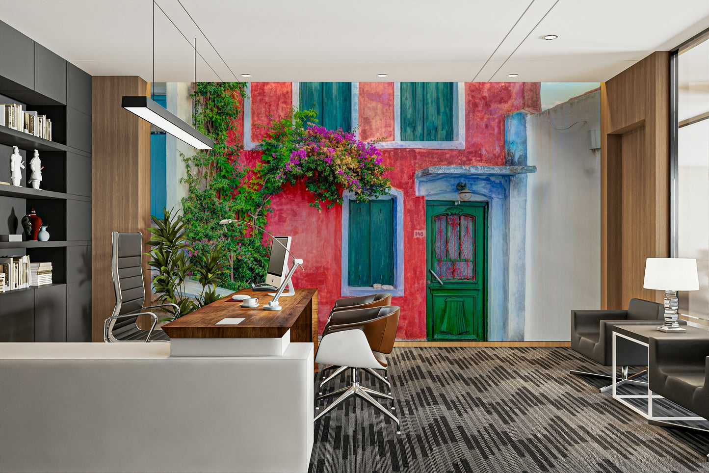 A graceful subtle architecture wall mural in cool, natural tones.

