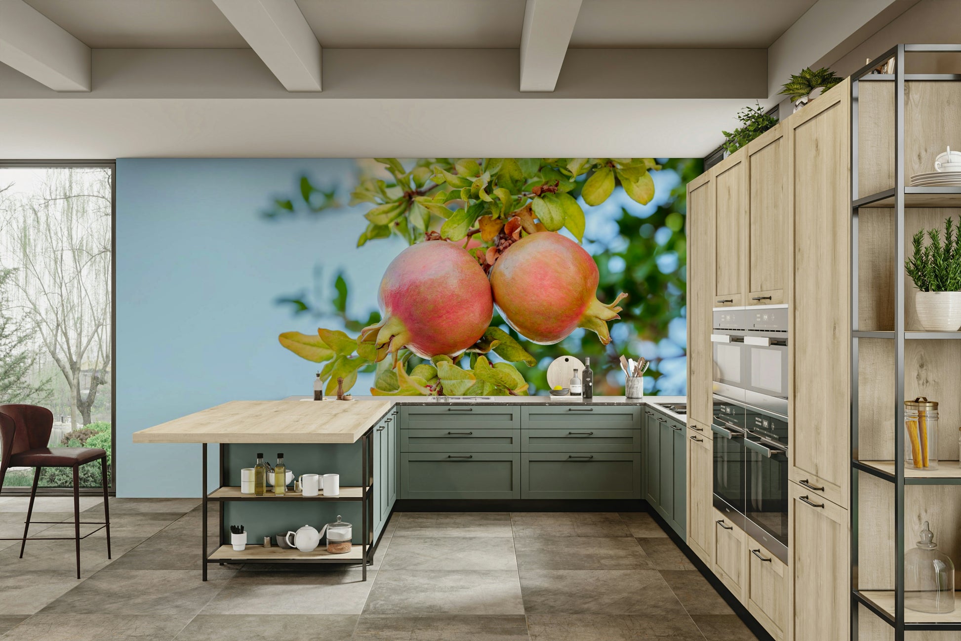 A graceful subtle pomegranate wall mural in rich, natural tones.

