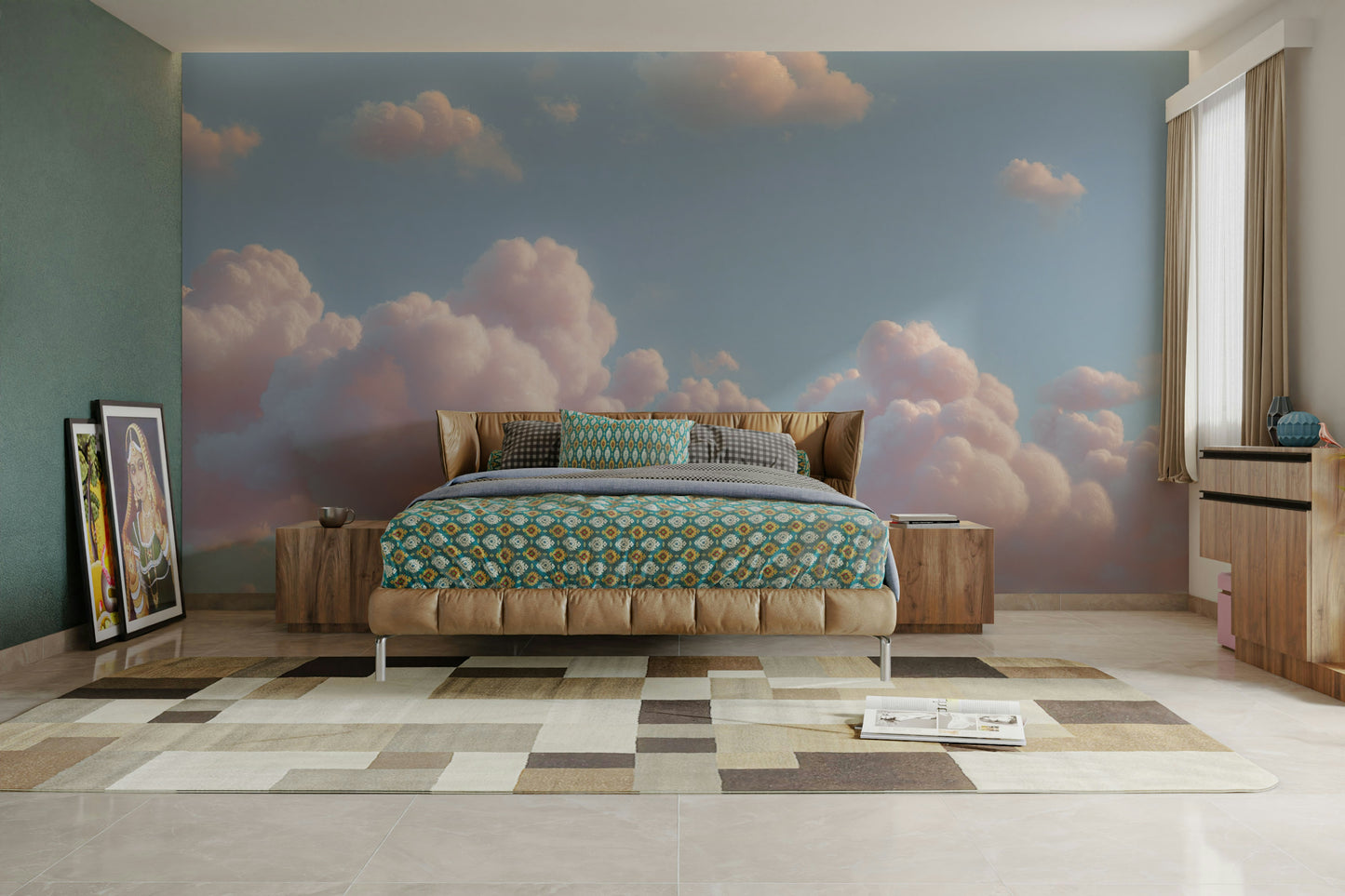 A calming serene cloud wallpaper mural that defines a space.


