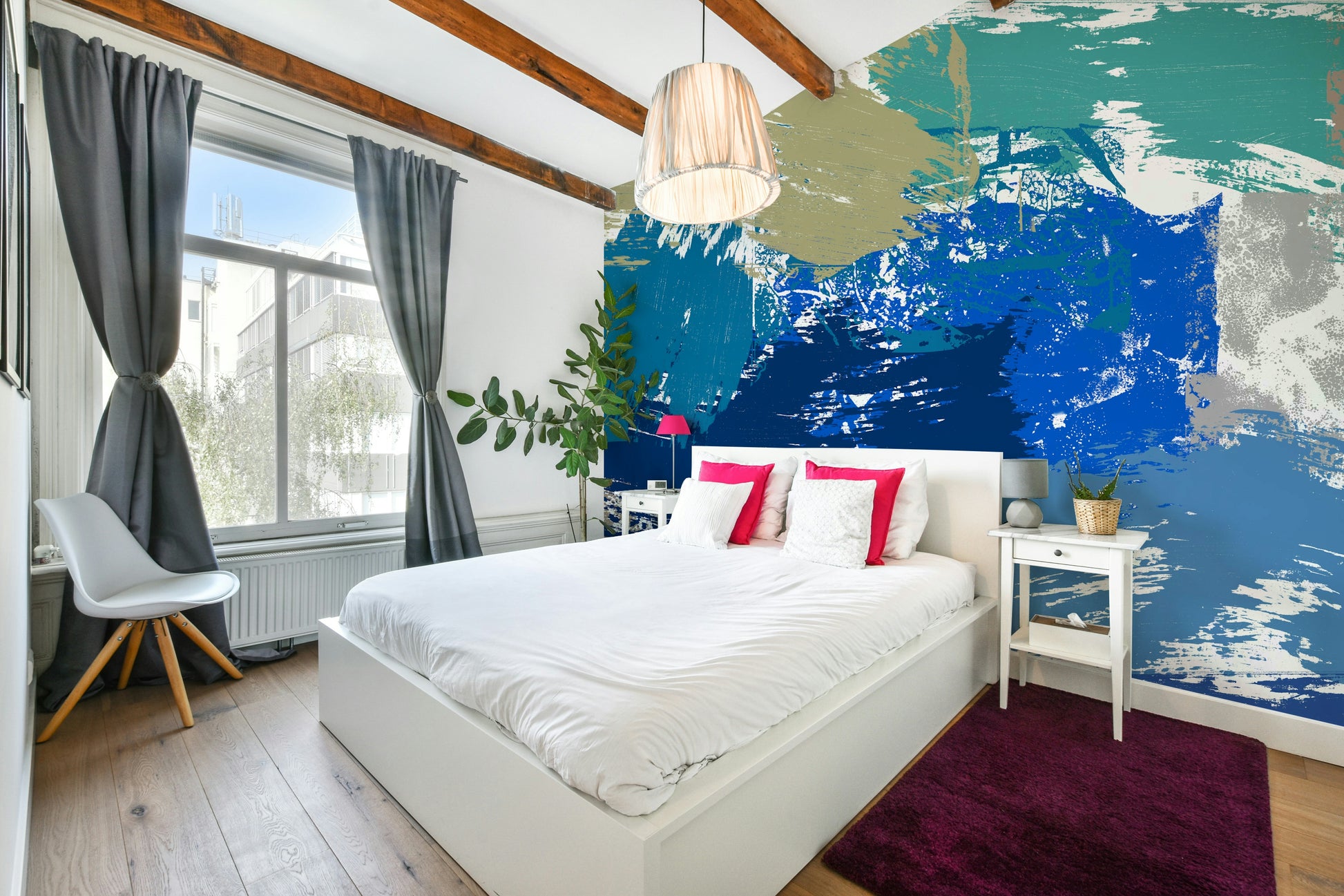 A calming vintage inspired wallpaper mural that defines a space.

