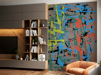 A peaceful geometric design mural on decorative wallpaper.

