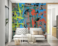 An artistic dynamic pattern mural on minimalist wallpaper.

