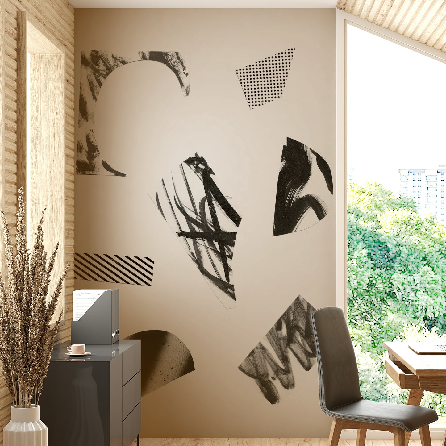 A peaceful abstract design mural on decorative wallpaper.

