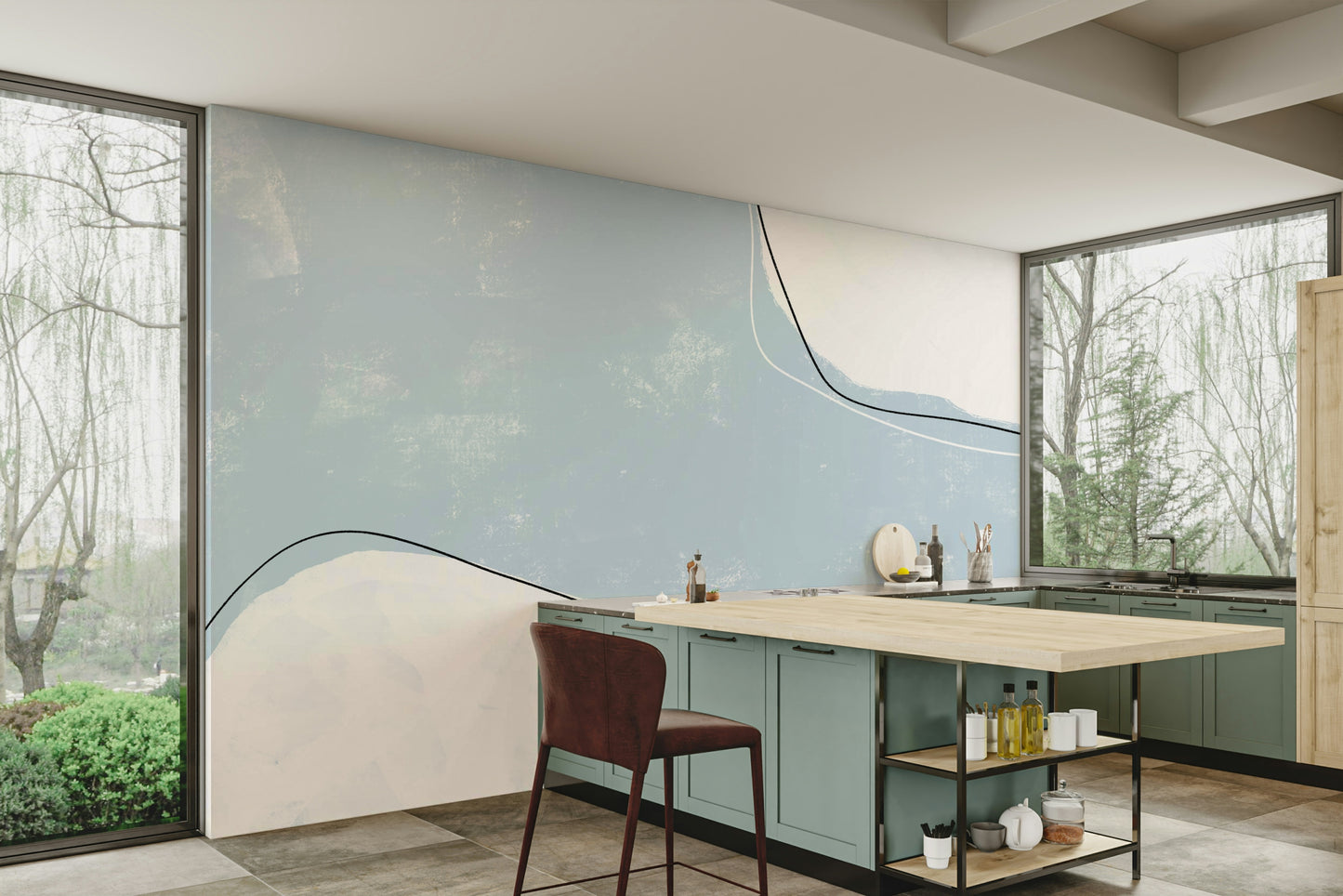 A beautiful modern art wall mural for a living room.

