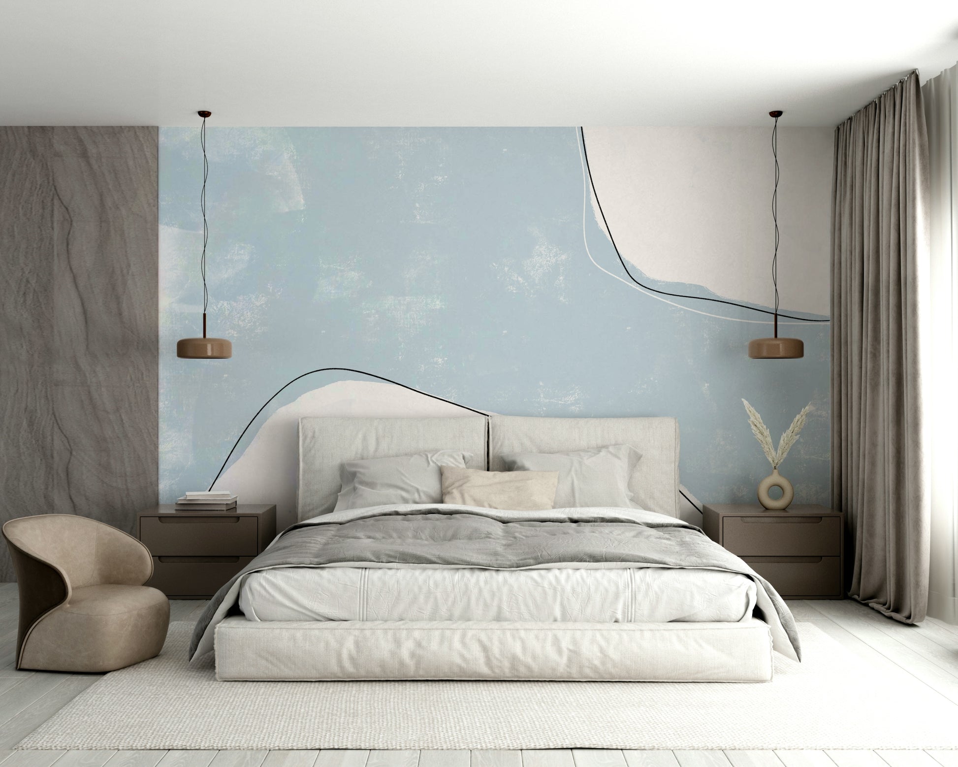 An artistic modern pattern mural on minimalist wallpaper.

