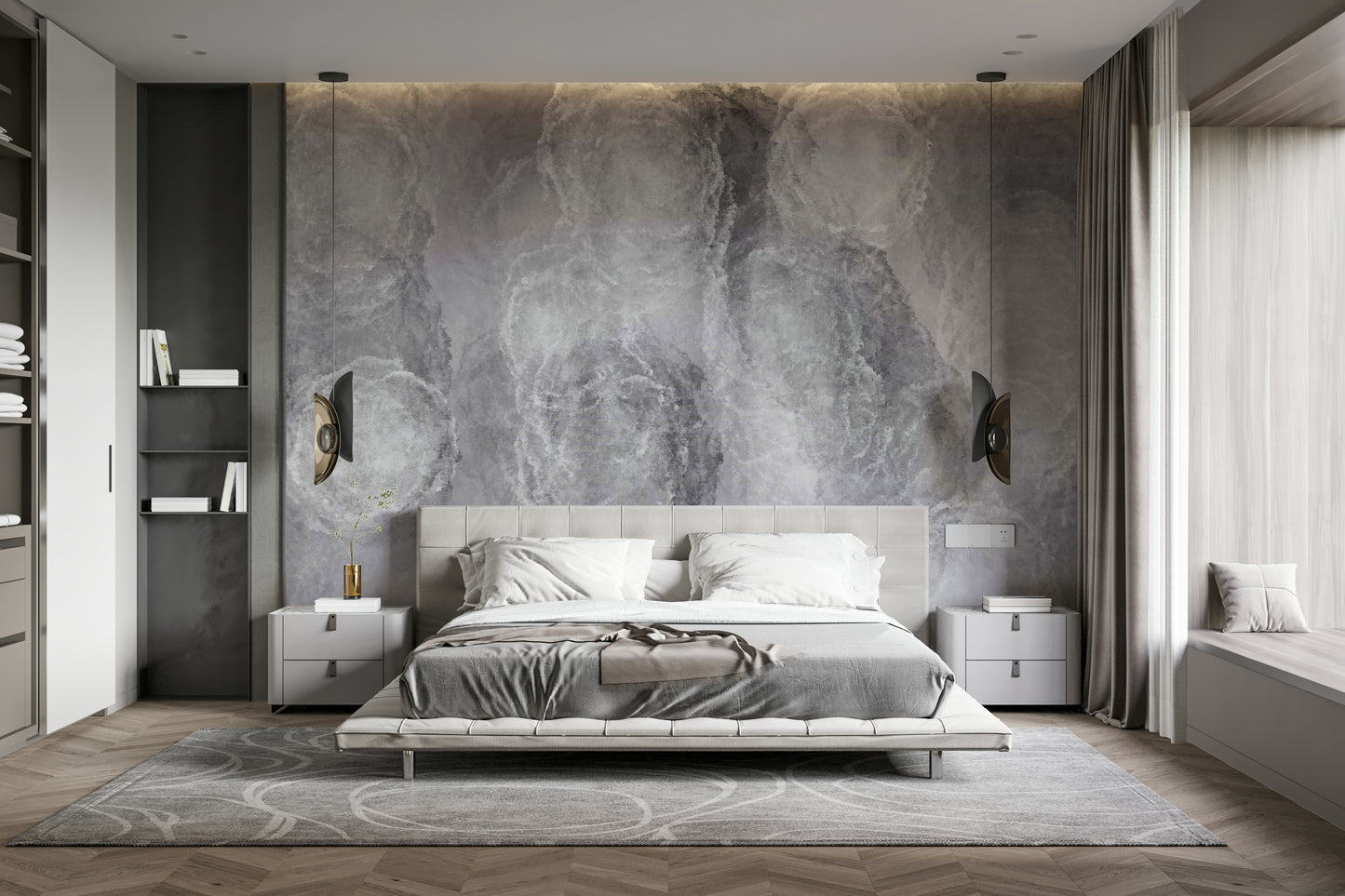 A graceful subtle cloud wall mural in soft, gray tones.

