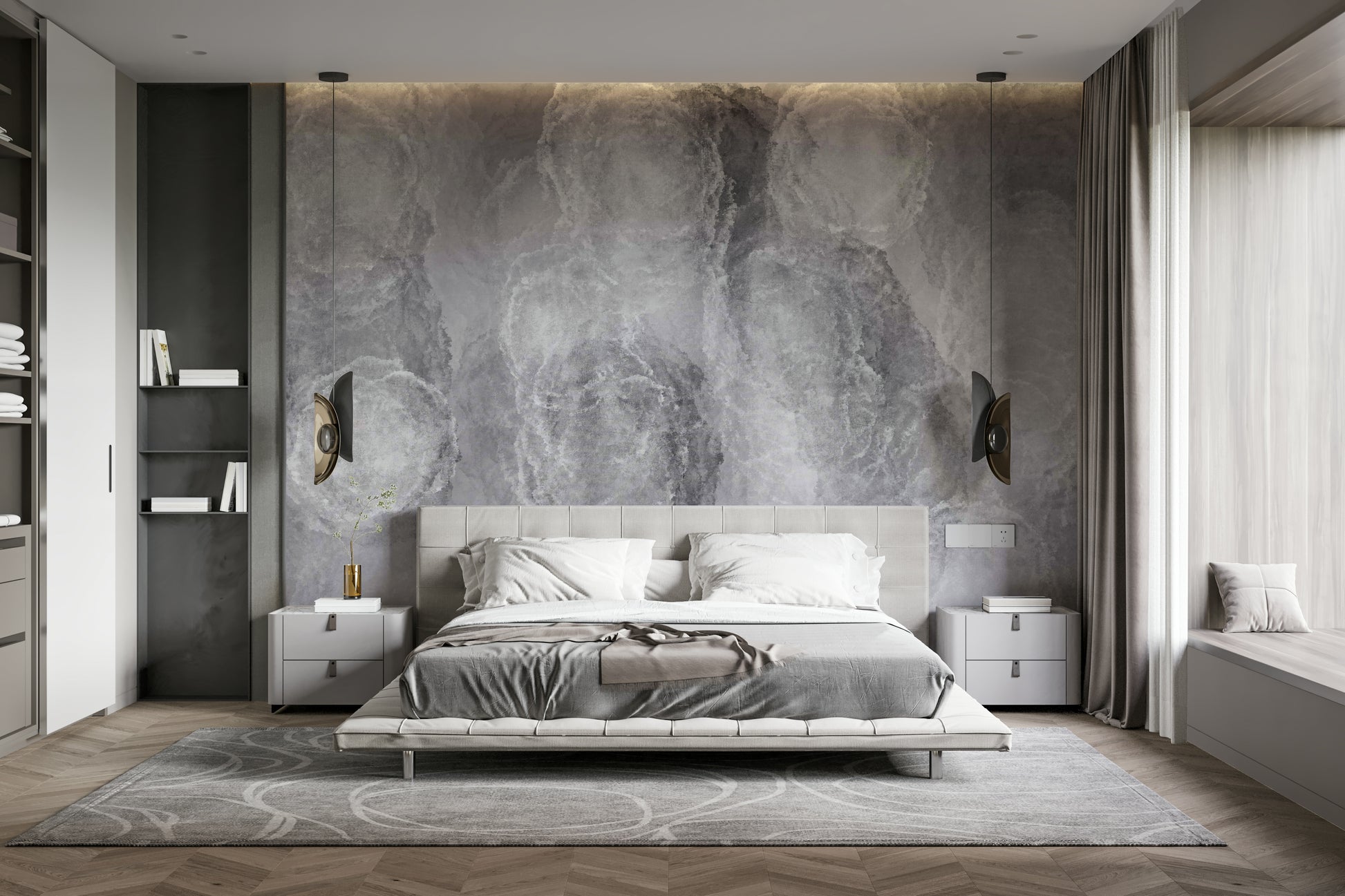 A graceful subtle cloud wall mural in soft, gray tones.

