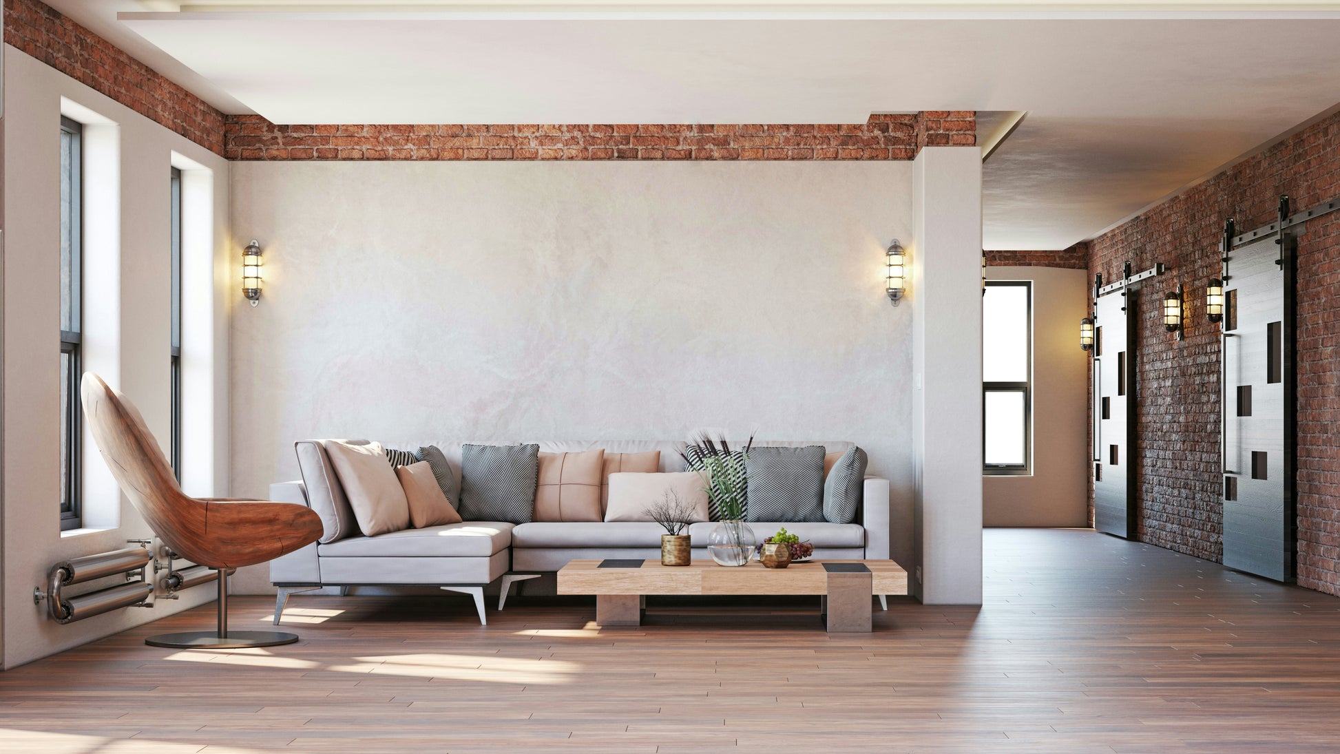 An artistic woven pattern mural on minimalist wallpaper.

