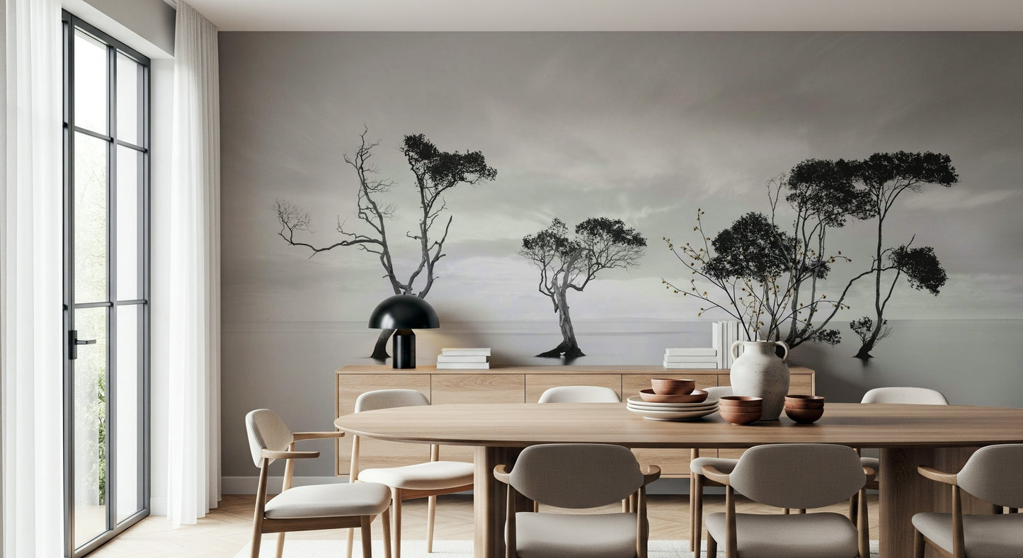 A peaceful woodland scene mural on decorative wallpaper.


