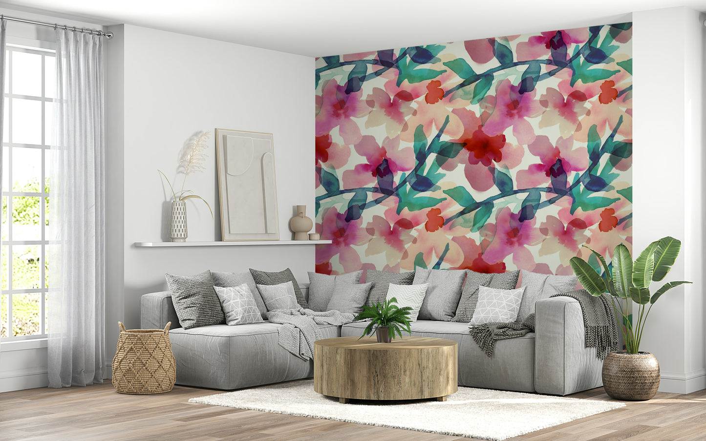 A beautiful painted floral wallpaper mural for a modern home.

