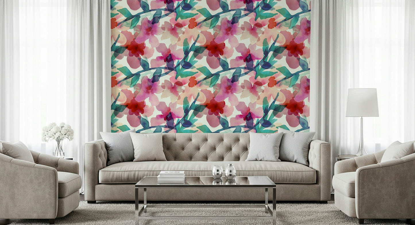 An artistic bloomscape mural on minimalist wallpaper.

