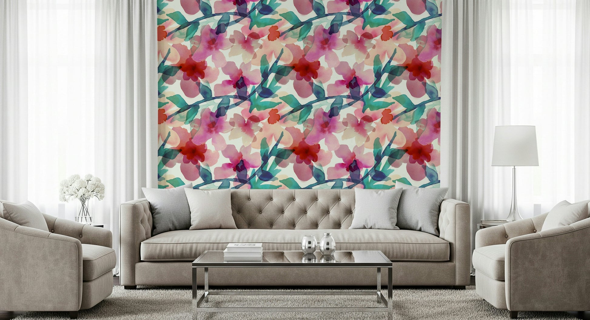 An artistic bloomscape mural on minimalist wallpaper.


