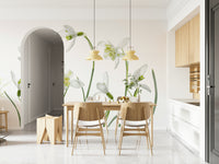 A peaceful botanical garden mural on decorative wallpaper.

