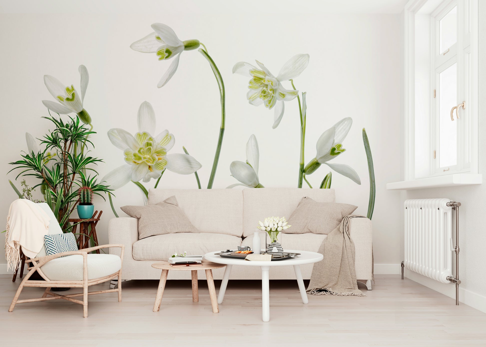 An artistic elegant bloom mural on minimalist wallpaper.

