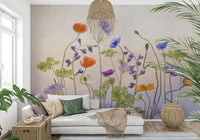 A graceful subtle bloom wall mural in soft, tranquil tones.

