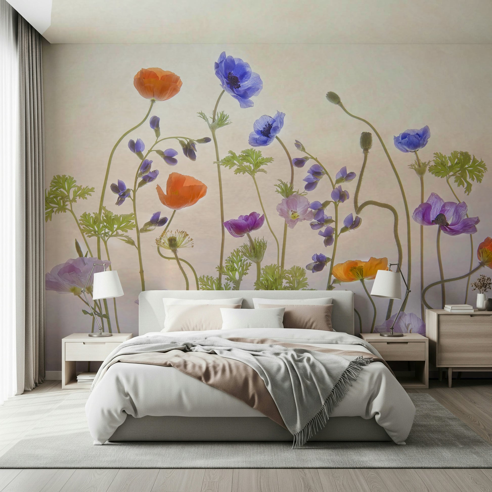 An artistic bloom design mural on minimalist wallpaper.

