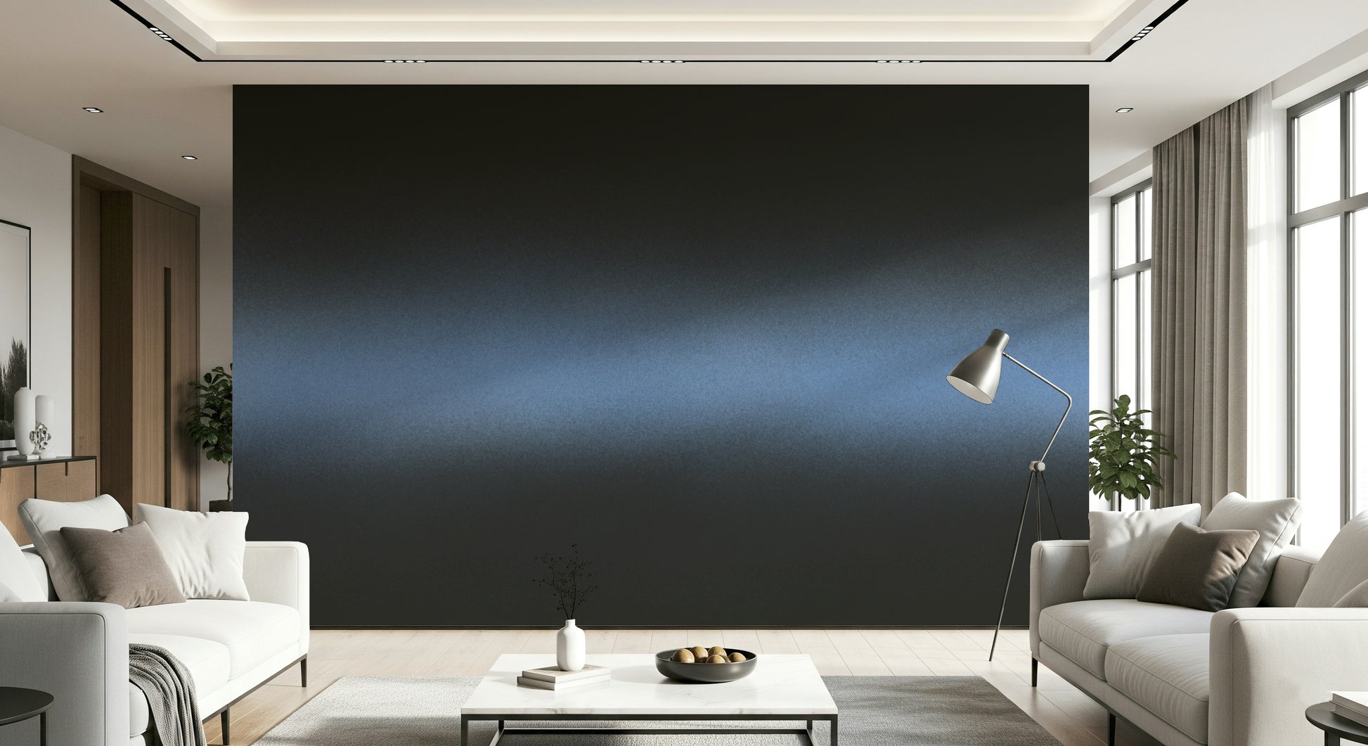 A peaceful dark sky mural on decorative wallpaper.

