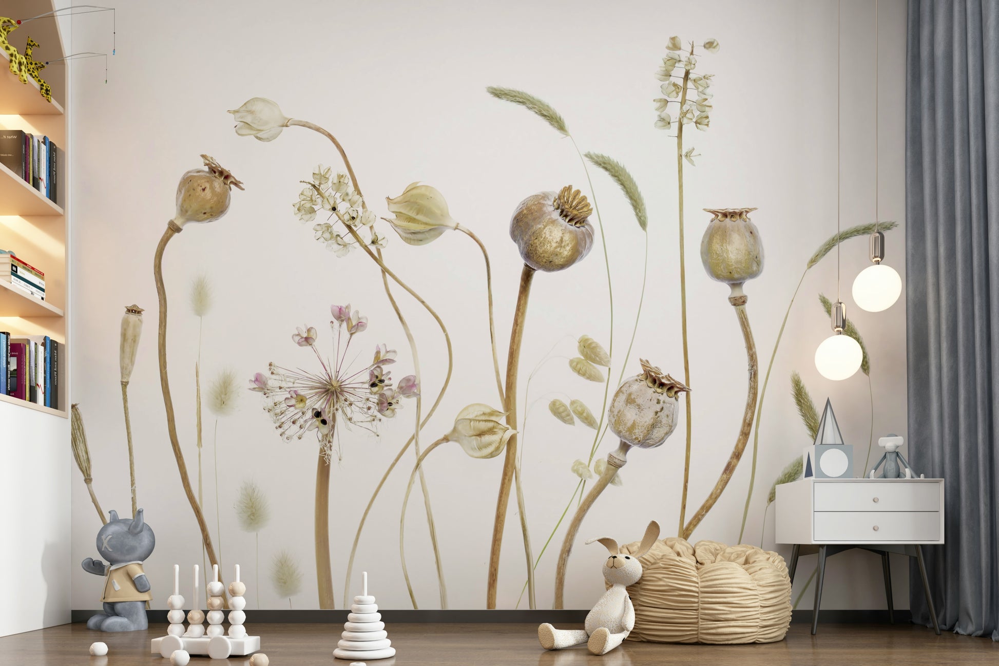A beautiful modern art wall mural of dried flora.

